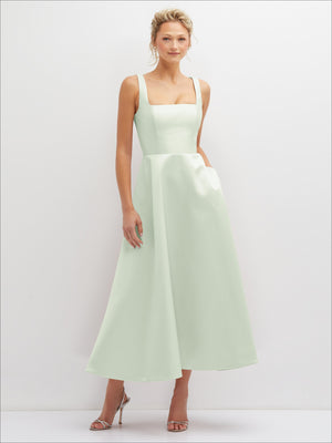 Sage green satin midi dress with thin straps and square neckline, front view