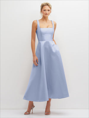 Light blue satin midi dress with square neckline and full gathered skirt