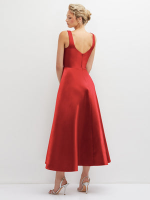 Red satin midi dress with V-back and full flared skirt