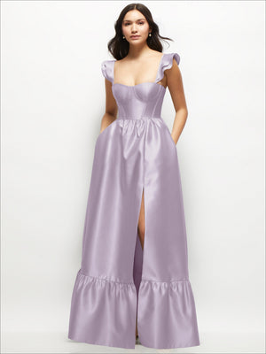 Satin corset maxi dress in lilac with ruffle straps, sweetheart bodice, side slit