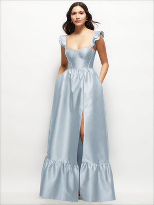Light blue satin corset maxi dress with ruffle straps, sweetheart bodice, and slit