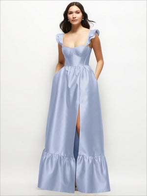 Satin corset maxi dress in periwinkle blue with ruffle straps and tiered skirt, front slit
