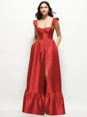 Satin corset maxi dress in red with ruffle straps, sweetheart bodice, side slit and hem ruffle