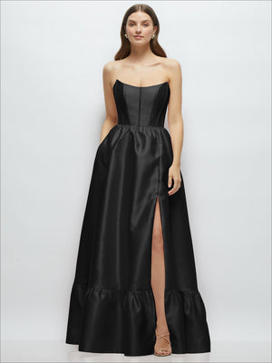 Black strapless maxi dress with boned bodice and ruffle hem, side slit