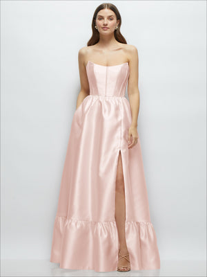 Blush pink strapless satin maxi dress with boned bodice and ruffled hem
