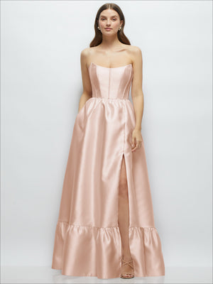 Strapless maxi dress with boned bodice and ruffle hem, pale pink satin