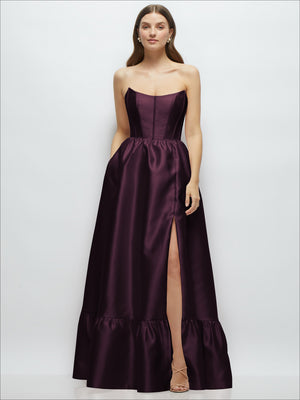 Strapless burgundy maxi dress with boned bodice and gathered ruffle hem, front view