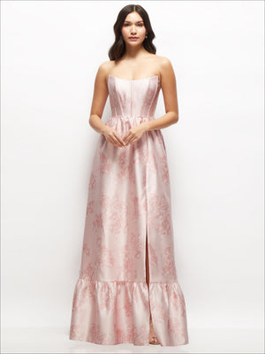 Pink floral strapless maxi dress with structured bodice and tiered ruffle hem
