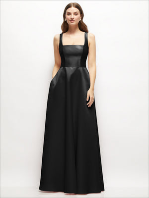 Black satin square-neck maxi dress with thin straps and full A-line skirt