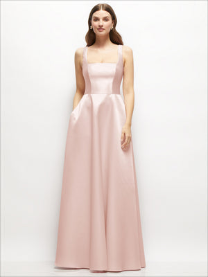 Blush pink satin square-neck maxi dress with full skirt, sleeveless