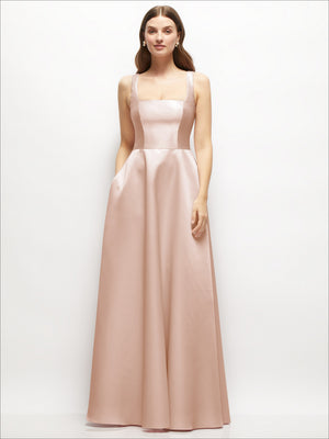 Square-neck satin maxi dress in blush pink with thin straps and full flared skirt