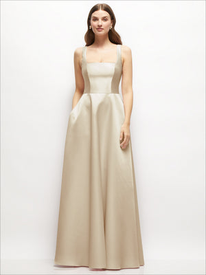 Square-neck satin maxi dress in champagne with thin straps and full flared skirt