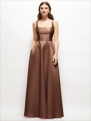 Square-neck satin maxi dress in chocolate brown with thin straps and full flared skirt