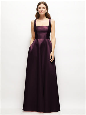 Burgundy square-neck satin maxi dress with full skirt, sleeveless, fitted waist
