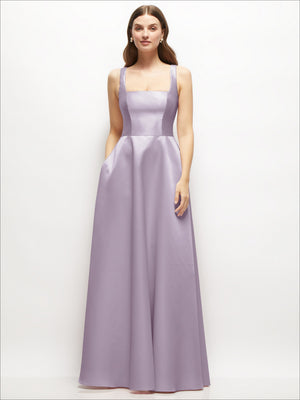 Square-neck satin maxi dress with full skirt, lilac sleeveless bodice