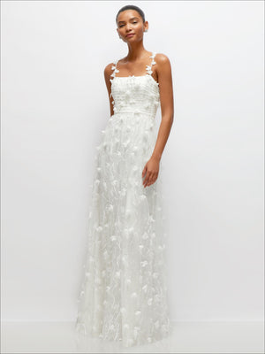 Ivory maxi dress with 3D floral sequin embroidery and petal-adorned straps