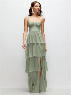 Sage chiffon tiered ruffle maxi dress with bustier bodice and adjustable straps.