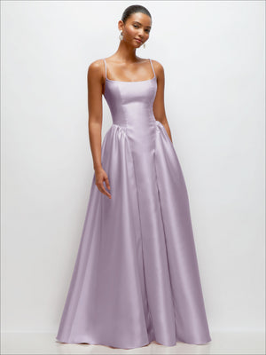 Lavender satin maxi dress with square neckline, thin straps, and gathered dropped waist