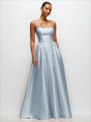 Scoop-neck satin maxi dress with thin straps and gathered basque waist, light blue front view