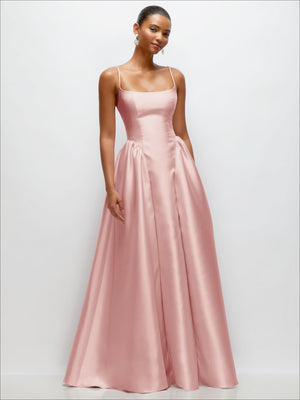 Light pink satin maxi dress with spaghetti straps, scoop neckline, gathered drop waist