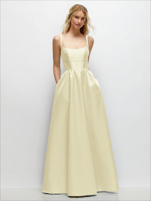 Scoop-neck corset satin maxi dress with gathered waist and spaghetti straps, pale yellow.
