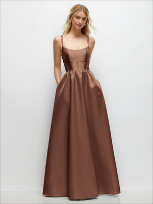 Cocoa scoop-neck corset satin maxi dress with gathered waist and thin spaghetti straps