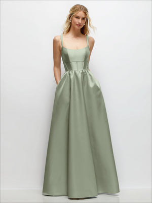 Satin corset maxi dress with scoop neckline, sage green, gathered bodice and maxi skirt.