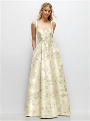 Floral satin maxi dress with scoop neck and corset bodice, pale yellow with subtle floral print