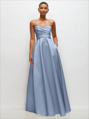 Light blue strapless draped satin maxi dress, structured waist and full skirt
