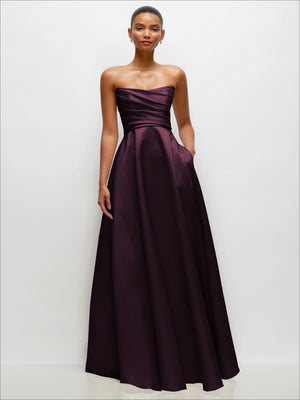 Burgundy strapless satin maxi dress with draped bodice and full skirt