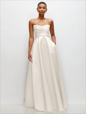 Ivory strapless draped satin maxi dress with corset bodice and full skirt, front view
