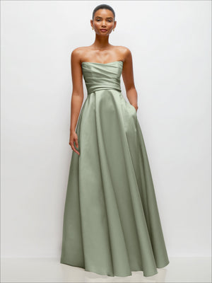 Strapless draped satin maxi dress in sage green with cinched waist and full skirt