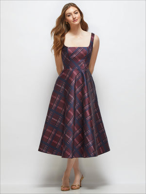 Square-neck satin midi dress with spaghetti straps, burgundy tartan plaid