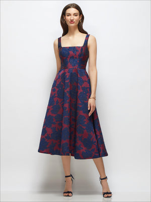 Square-neck sleeveless midi dress with burgundy-and-navy floral jacquard skirt