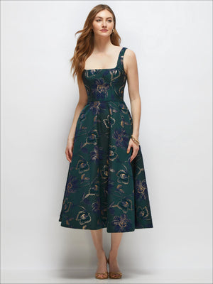 Evergreen floral square-neck sleeveless midi dress with fitted bodice and full skirt