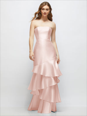 Strapless bodycon maxi dress in blush pink with layered ruffle skirt