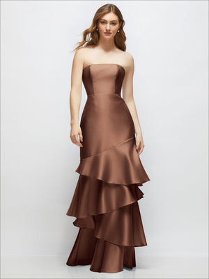 Brown strapless bodycon maxi dress with tiered ruffle skirt, ruched bodice