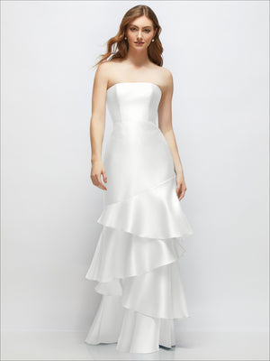 White strapless bodycon maxi dress featuring layered ruffle tiers along the skirt