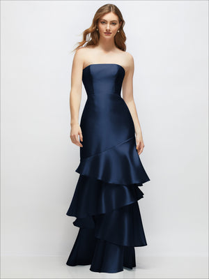 Dark navy strapless bodycon maxi dress with tiered ruffle skirt