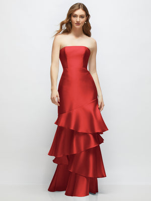 Red strapless bodycon maxi dress with layered tiered ruffle skirt