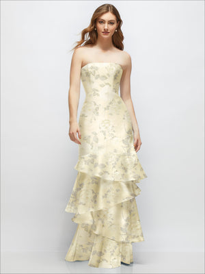 Strapless bodycon maxi dress in pale yellow floral print with tiered ruffle skirt, full front