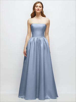 Light blue strapless satin drop-waist gown with full gathered skirt, front view