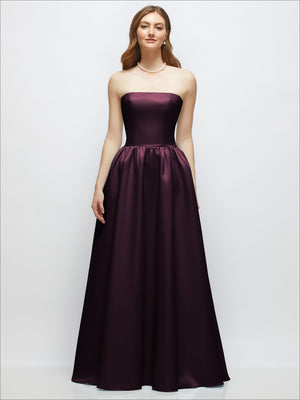 Burgundy strapless satin drop-waist gown with full gathered skirt