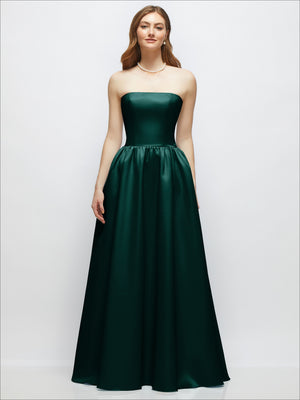 Strapless satin drop waist gown in dark green with full A-line skirt, front view