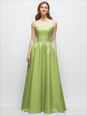 Strapless satin drop waist gown in mint green with full A-line skirt, front view