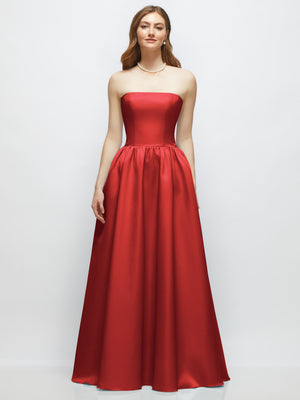 Red strapless satin drop-waist gown with full skirt, sleeveless fitted bodice