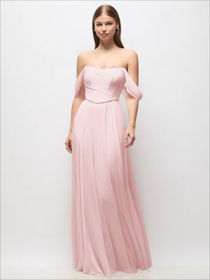 Blush pink off-shoulder corset chiffon maxi dress with sweetheart neckline