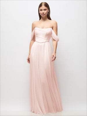 Blush pink off-shoulder corset chiffon maxi dress with draped sleeves