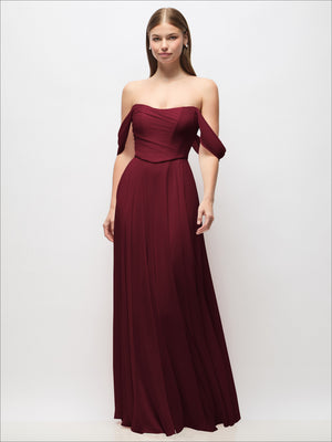 Off-the-shoulder corset chiffon maxi dress in deep maroon, off-shoulder neckline, front view