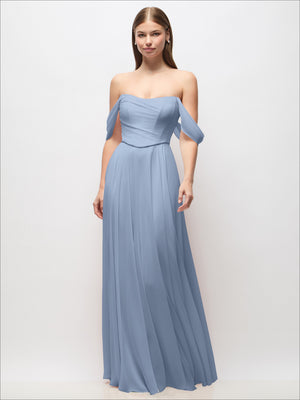 Off-shoulder chiffon maxi dress in powder blue, gathered basque corset bodice, full-length skirt